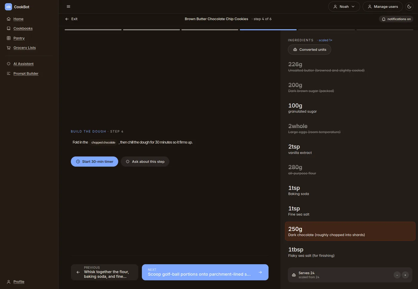 Step-by-step cooking mode highlighting the current step, ingredients, and a countdown timer.